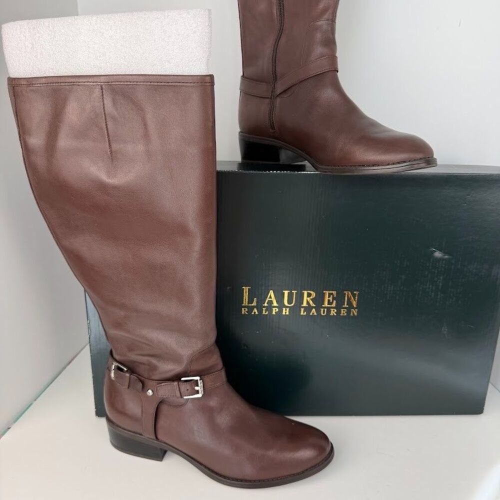 Lauren Ralph Lauren Marion Burnished Leather Riding Boots, Brown, 9.5B Wide Calf